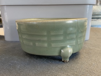 A Chinese Longquan celadon tripod censer with trigrams, Ming