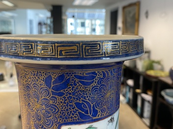 A massive Chinese famille verte on powder blue-ground rouleau vase, Kangxi