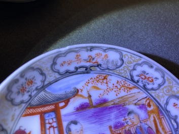 Zeven Chinese famille rose koppen en schotels met mandarijns decor, Qianlong