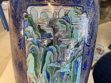 A massive Chinese famille verte on powder blue-ground rouleau vase, Kangxi