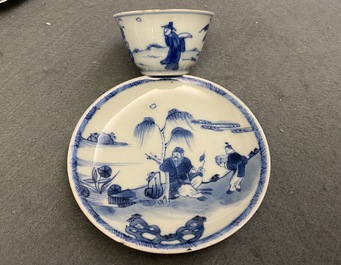 Four Chinese blue and white cups and saucers, Kangxi