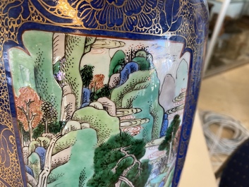 A massive Chinese famille verte on powder blue-ground rouleau vase, Kangxi