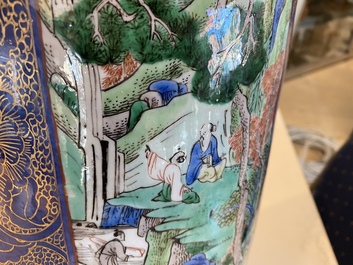 A massive Chinese famille verte on powder blue-ground rouleau vase, Kangxi