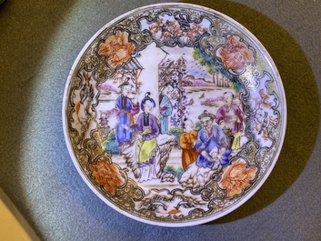 Six Chinese famille rose 'Mandarin' cups and saucers, Qianlong