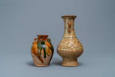 A Chinese sancai ewer and a celadon-glazed bottle vase, Tang and Song
