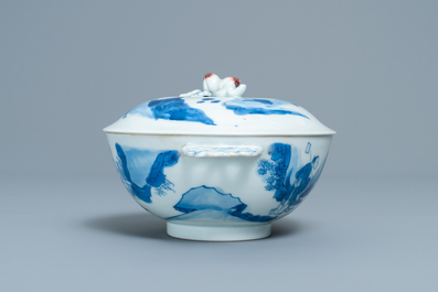 A Chinese blue, white and copper red bowl and cover, Chenghua mark, Kangxi