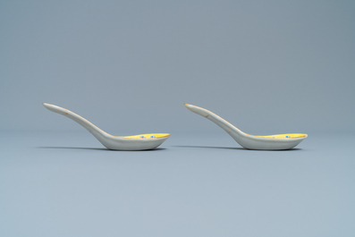 A pair of Chinese famille rose yellow-ground spoons, Guangxu mark and of the period