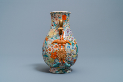 A Chinese famille rose 'hu' vase with millefleurs design, Qianlong mark, Republic