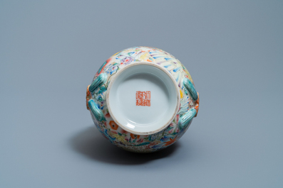 A Chinese famille rose 'hu' vase with millefleurs design, Qianlong mark, Republic