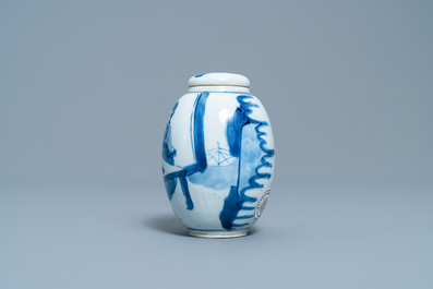 Een Chinese blauw-witte theebus met deksel, Kangxi