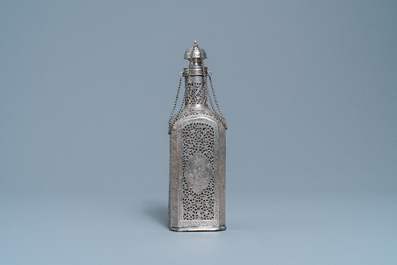 A reticulated Qajar silver flask with glass insert, Iran, 19th C.