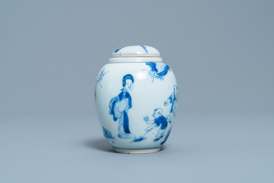 A Chinese blue and white covered tea caddy with playing boys, Kangxi