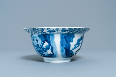 A Chinese blue and white 'Romance of the Western Chamber' klapmuts bowl, Chenghua mark, Kangxi