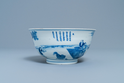 An imperial Chinese blue and white 'rice production' bowl, Kangxi mark and of the period