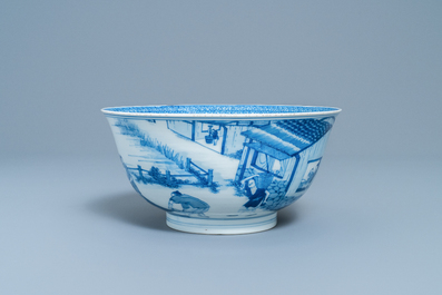 An imperial Chinese blue and white 'rice production' bowl, Kangxi mark and of the period