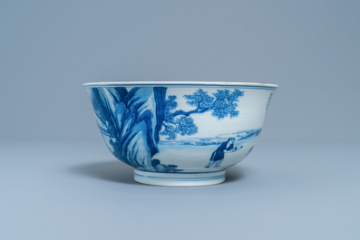 An imperial Chinese blue and white 'rice production' bowl, Kangxi mark and of the period