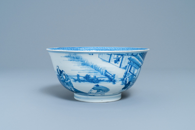 An imperial Chinese blue and white 'rice production' bowl, Kangxi mark and of the period