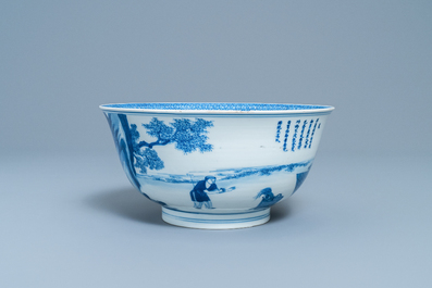 An imperial Chinese blue and white 'rice production' bowl, Kangxi mark and of the period