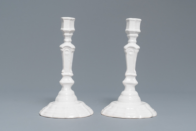 A set of six white Delftware candlesticks, France, 18th C.