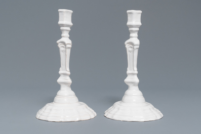 A set of six white Delftware candlesticks, France, 18th C.