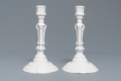 A set of six white Delftware candlesticks, France, 18th C.