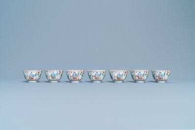 Seven Chinese famille rose cups and saucers, Xianfeng mark and of the period