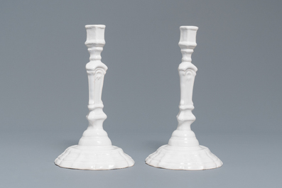 A set of six white Delftware candlesticks, France, 18th C.