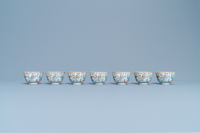 Seven Chinese famille rose cups and saucers, Xianfeng mark and of the period