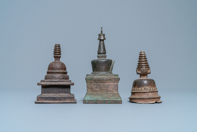 Three bronze stupas, Tibet, 16/18th C.