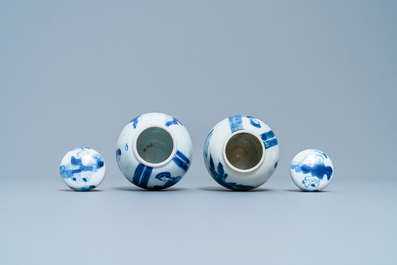 A pair of Chinese blue and white covered tea caddies, Kangxi