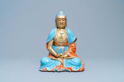 Three Chinese enamelled and gilt figures of Bodhisattva, Qianlong/Jiaqing