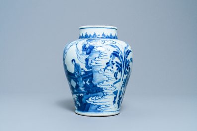 Een Chinese blauw-witte vaas met figuren in een interieur, Kangxi