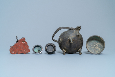 Two Chinese bronze censers, a vase and a mirror, Ming and later