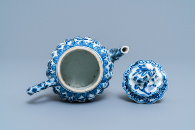 A Chinese blue and white moulded bamboo-shaped teapot and cover, Kangxi