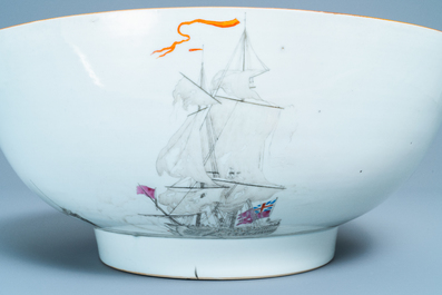 A large Chinese famille rose and grisaille bowl with the naval battle at Cartagena, Qianlong