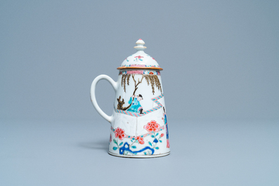 A Chinese famille rose 'Romance of the Western chamber' chocolate jug and cover, Yongzheng