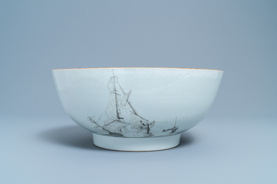 A large Chinese famille rose and grisaille bowl with the naval battle at Cartagena, Qianlong