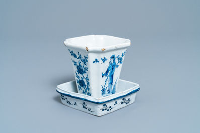 A Dutch Delft blue and white chinoiserie flower vase on stand, 18th C.