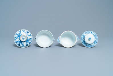 Two Chinese blue and white porringer bowls and covers, Kangxi