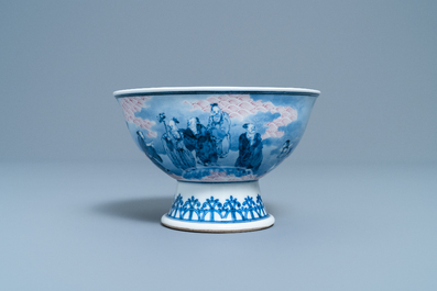 A Chinese blue, white and copper red stem bowl with immortals, Republic