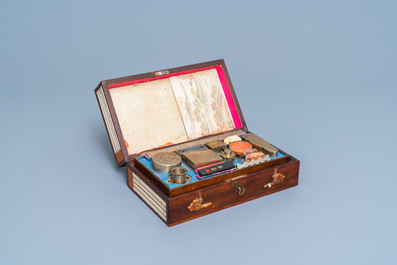 A Chinese wooden box with scholar's objects for a calligrapher or painter, 19th C.