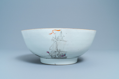 A large Chinese famille rose and grisaille bowl with the naval battle at Cartagena, Qianlong