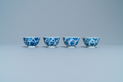 Four Chinese blue and white cups and saucers and three large cups, Kangxi/Qianlong