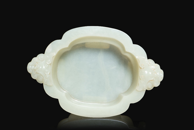 A fine Chinese white jade vessel on wooden stand, Kangxi