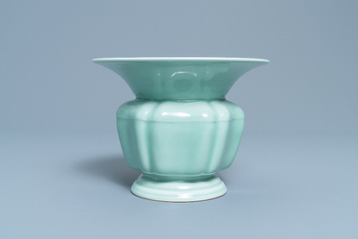 A Chinese monochrome celadon-glazed zhadou or spittoon, Yongzheng mark, Republic