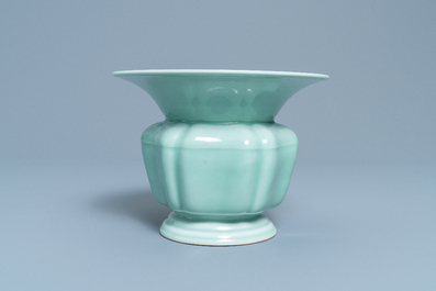 A Chinese monochrome celadon-glazed zhadou or spittoon, Yongzheng mark, Republic