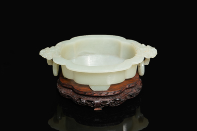 A fine Chinese white jade vessel on wooden stand, Kangxi