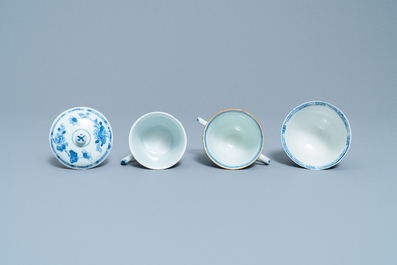 Four Chinese blue and white cups and saucers and three large cups, Kangxi/Qianlong