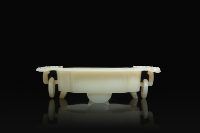 A fine Chinese white jade vessel on wooden stand, Kangxi