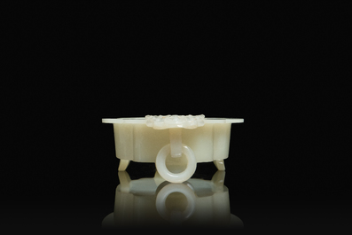 A fine Chinese white jade vessel on wooden stand, Kangxi